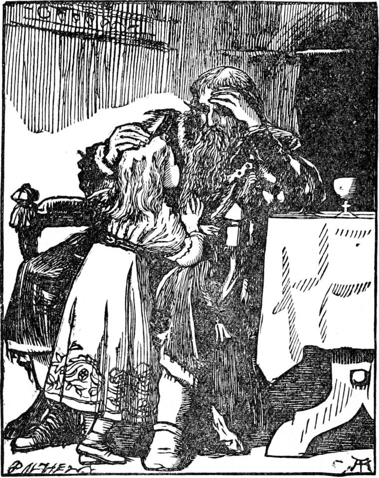 The long-bearded king sits at a table with one hand to his brow and the other on Irene's hair, as she leans against him.