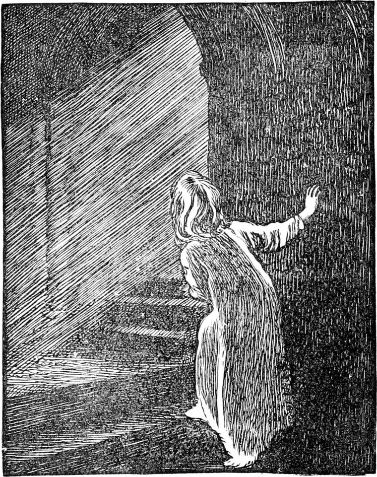 Irene, in her nightgown, climbs the old oak stair through a broad shaft of moonlight, one hand held out toward the wall.