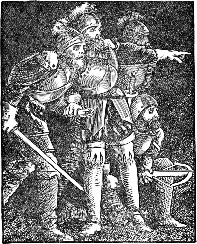 Four armoured men-at-arms in plumed helmets peer into the night, one pointing ahead, one with a sword drawn, one kneeling with a crossbow.