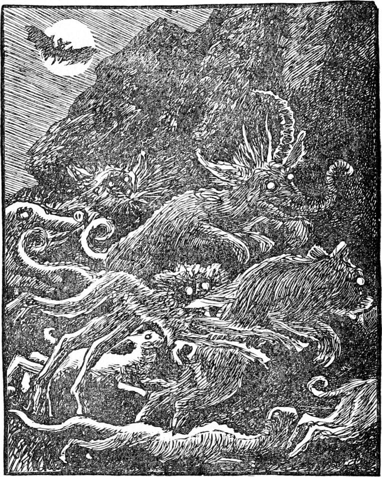 Under a moon crossed by a bat, a swarm of grotesque long-legged goblin creatures scrambles over the mountainside.