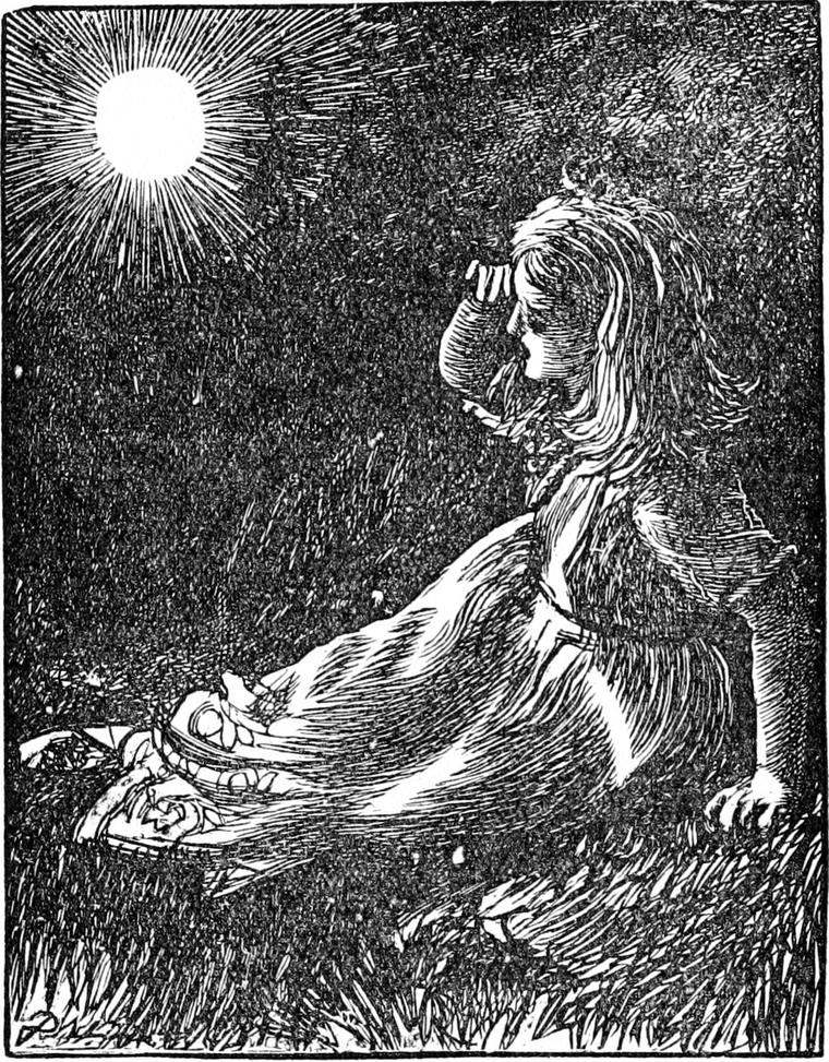 Irene sits alone on the dark mountainside, shading her eyes as she gazes up at a great glowing silver globe in the sky.