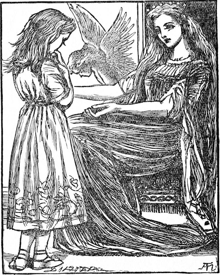 Irene stands before her great-great-grandmother, now young and golden-haired, who sits holding out her hand while a bird spreads its wings above.