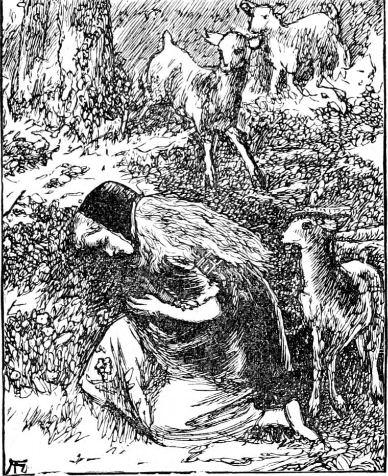 Irene kneels low among the flowers on the mountainside, greeting them, while three young goats look on.