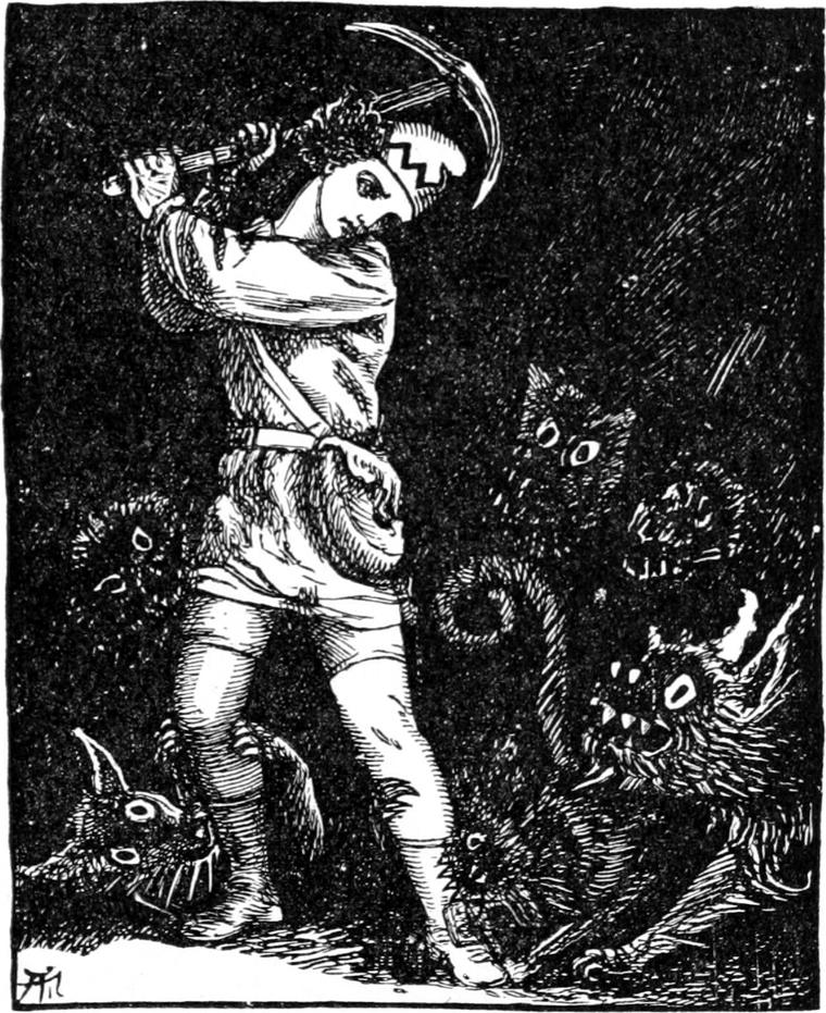 Curdie swings his pickaxe at goblin creatures with glaring eyes and bristling fur that close in on him in the dark.