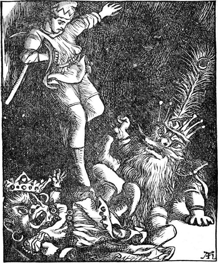 Curdie, pickaxe in hand, strides over the goblin king and queen, who sprawl howling on the cave floor with their crowns askew.