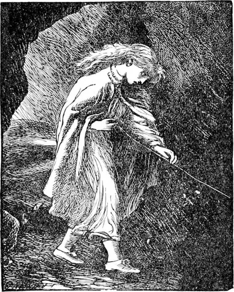 Irene, one hand on the silvery thread, feels her way along a dark rocky tunnel inside the mountain.