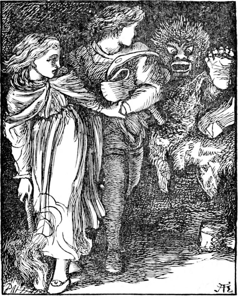 Irene and Curdie hurry away together while the goblin queen, wild-haired and grinning, looms up behind them.