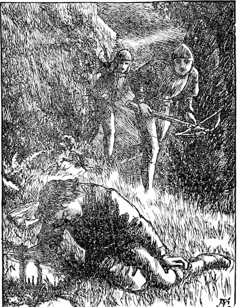Curdie lies wounded in the moonlit grass while two men-at-arms, one carrying a crossbow, close in on him.