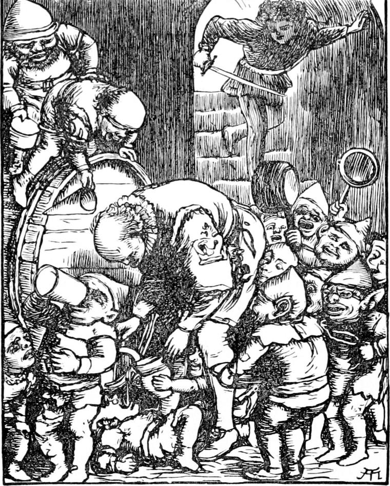 Curdie leaps in at the cellar doorway, weapon in hand, upon goblins crowding round the butler as he draws wine from a huge cask.