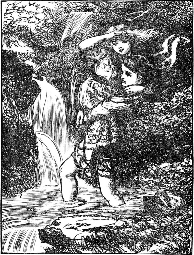 Curdie wades through a swollen mountain stream with Irene in his arms, a waterfall tumbling beside them.