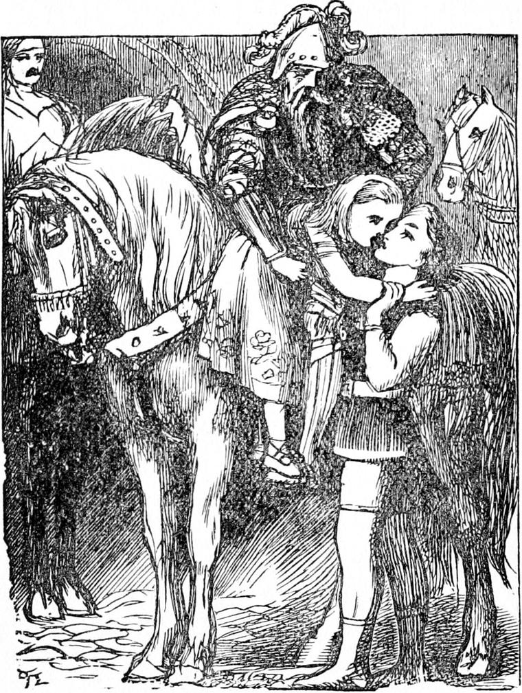 Irene, seated in front of the king on his horse, leans down with her arms round Curdie's neck and kisses him.