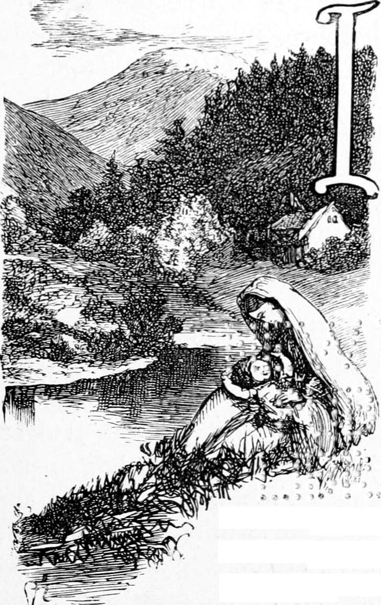 A mountain valley, with a hooded mother holding up her baby in the foreground.