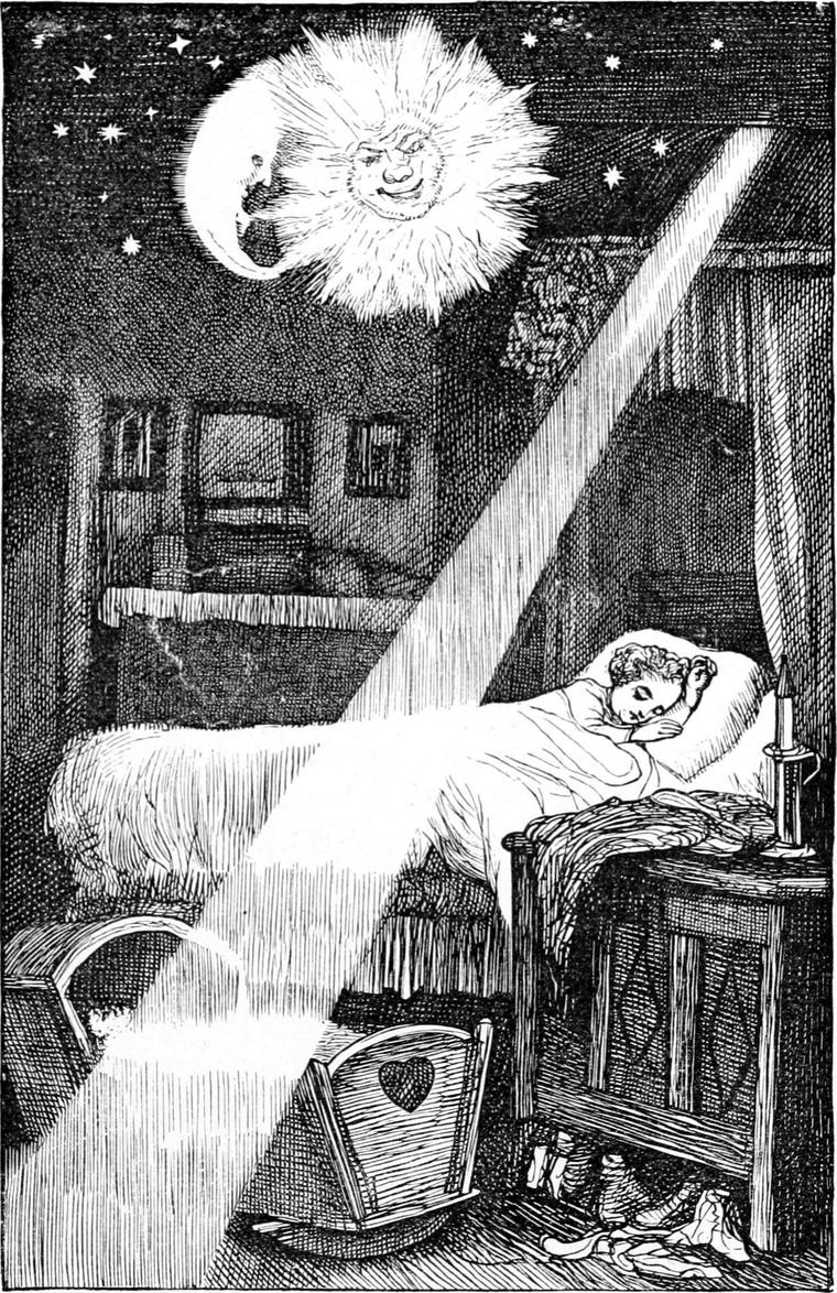 A child asleep in bed by night, while the sun and the moon, drawn with faces, look at each other across the starry sky.