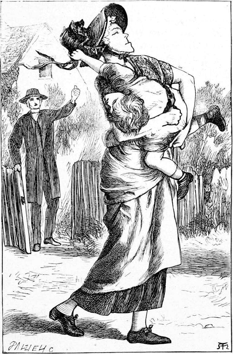 A woman striding along the road with a small child hoisted on her shoulder, watched by a man in a hat.