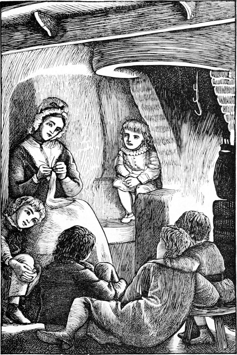 Children gathered round Kirsty by the fire in a low, dark room, listening to her story.