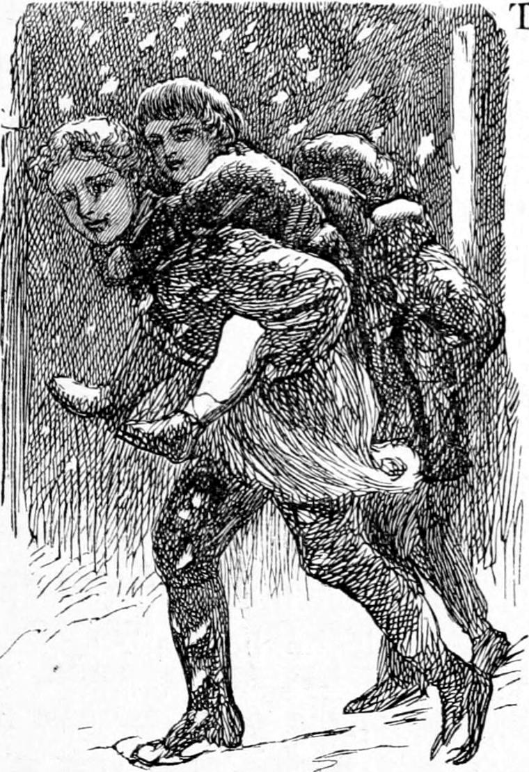 Through falling snow, a boy hurries along carrying a small child.