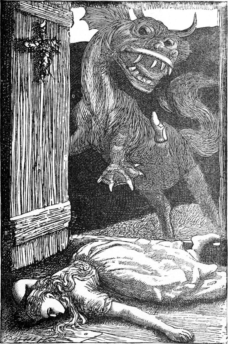 A monstrous horned kelpie looms in at a door above a girl lying senseless on the floor.