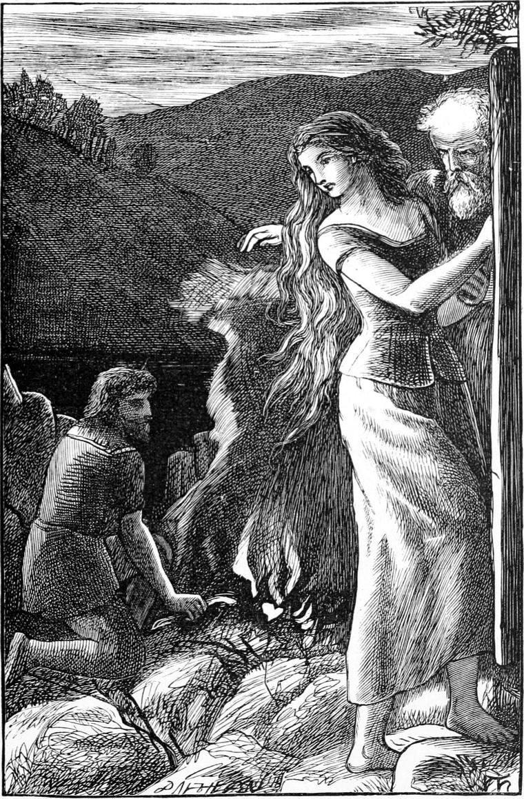 A young woman with long flowing hair stands at a tall staff beside an old bearded man, while a man in a cap crouches among the rocks below.