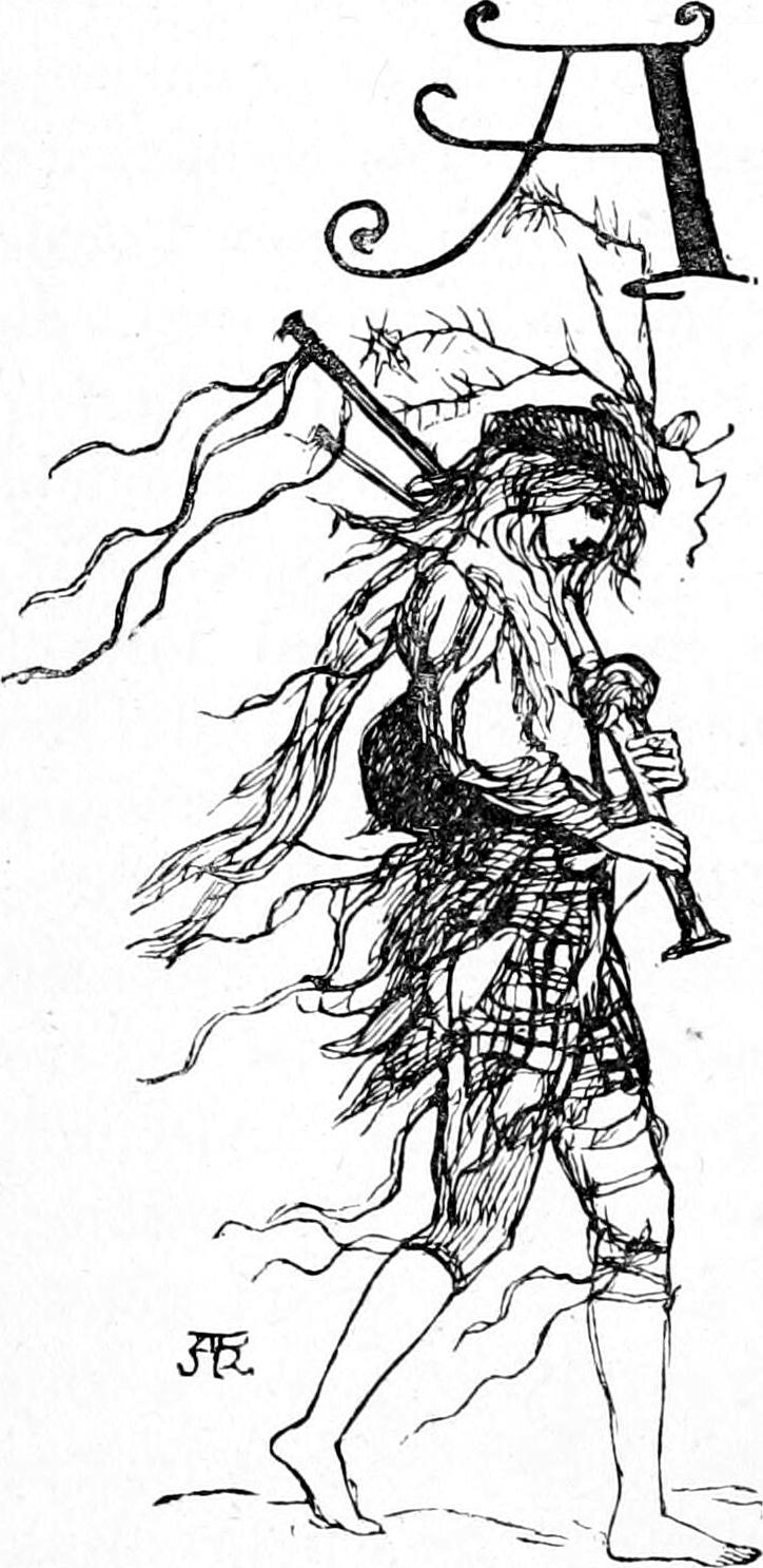 Wandering Willie, a ragged piper hung with streamers, playing his bagpipes.