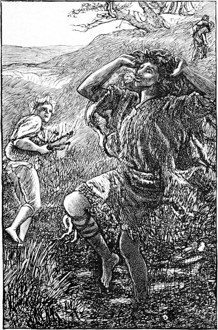 Boys running across the dark moor, one carrying another on his back.