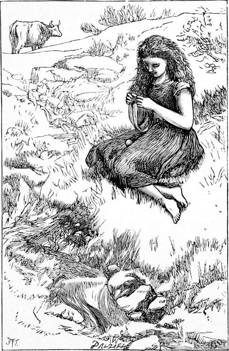 Elsie Duff sits knitting on a grassy knoll, with her grandmother's cow grazing behind her and a boy lying in the grass below.
