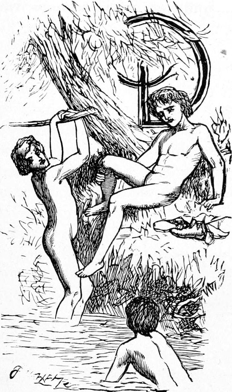 Boys playing by a stream, one swinging another over the water.