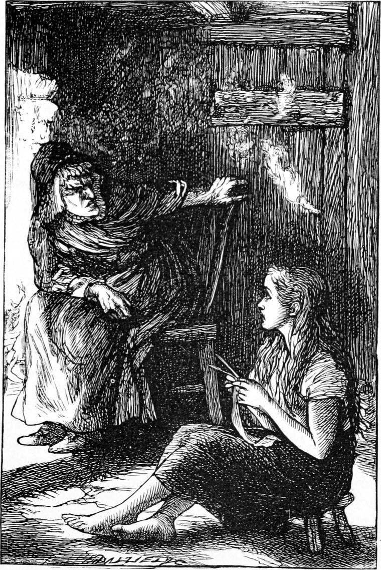 In a dark cottage, an old woman leans forward from her chair while a barefoot girl sits knitting on the floor.