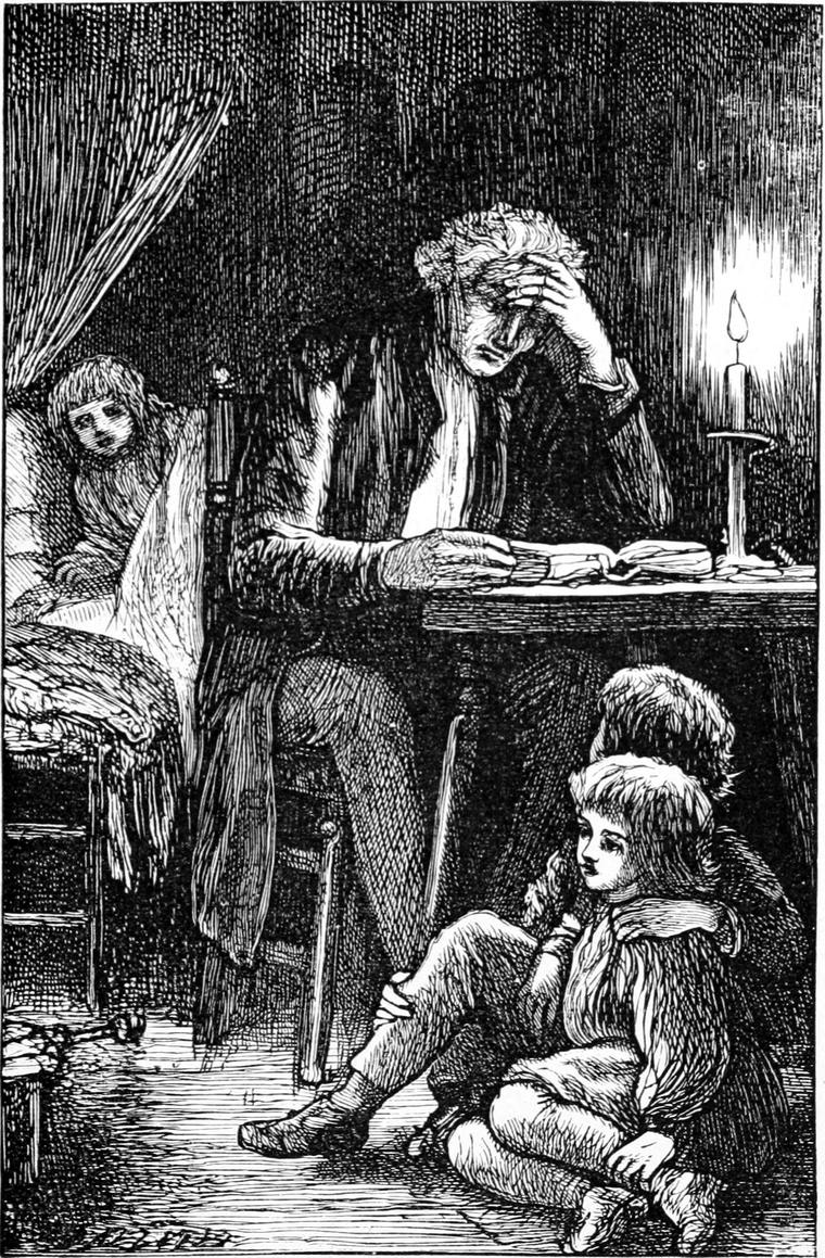 By candlelight, Ranald's father sits with his head bowed in his hand, and Ranald sits on the floor beside him.
