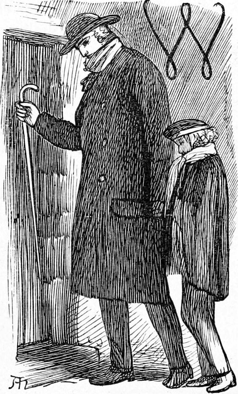 Ranald's father, tall in a long coat, stands in a cottage doorway with Ranald behind him.