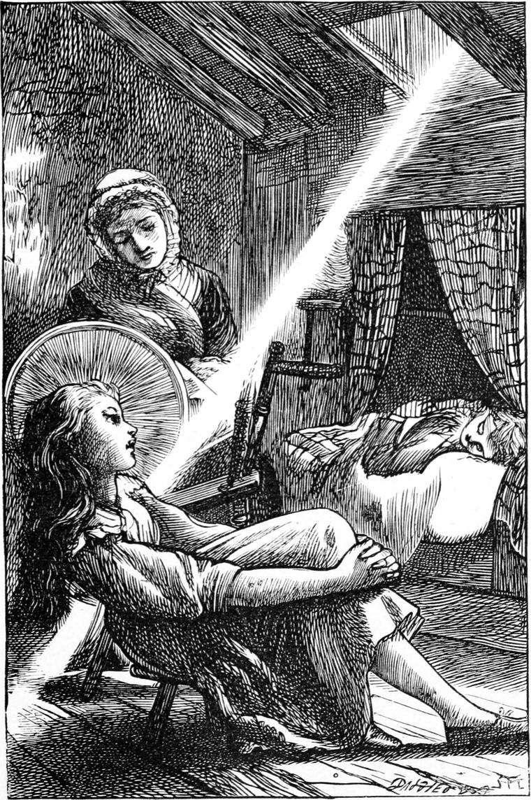 Ranald lies back in a shaft of light from the window while a girl sits by him and sings.