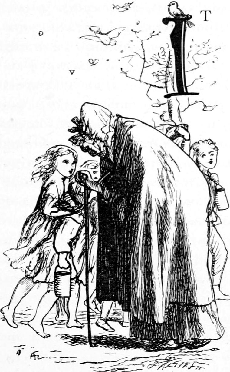 A cloaked old woman stoops over two small children beneath a sapling.