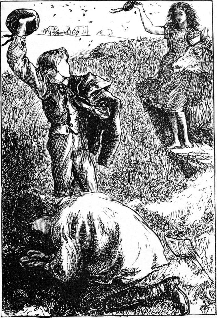 On the hillside, Turkey waves his cap while Elsie sits on her stone and another boy kneels digging in the bank.