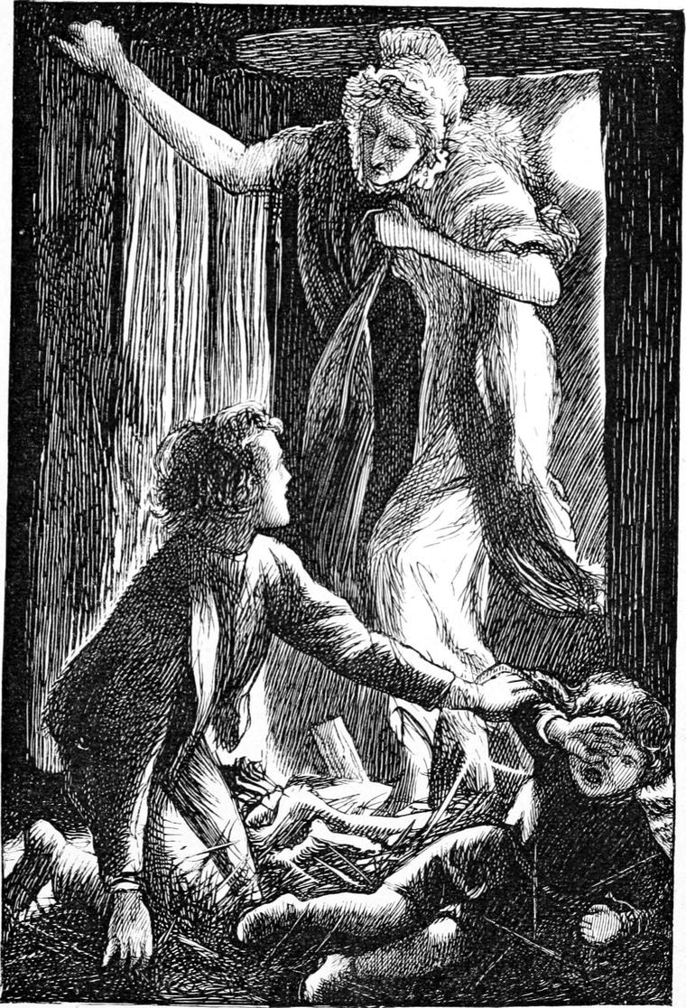 A tall woman in white advances through the moonlit doorway on a boy who starts up from the floor.