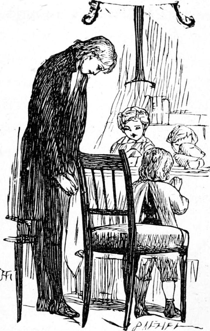 A tall man in a long black coat stands with his head bowed beside a chair, while children sit at the table with their hands folded.