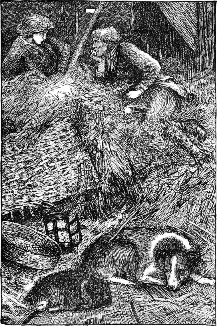 In the barn, two boys peer over a great heap of hay while a dog noses about below.
