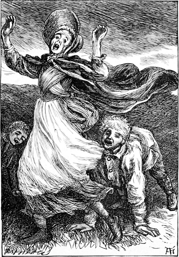 A woman with a flying shawl cries out in the wind as a ragged man crouches beside her on the hillside.
