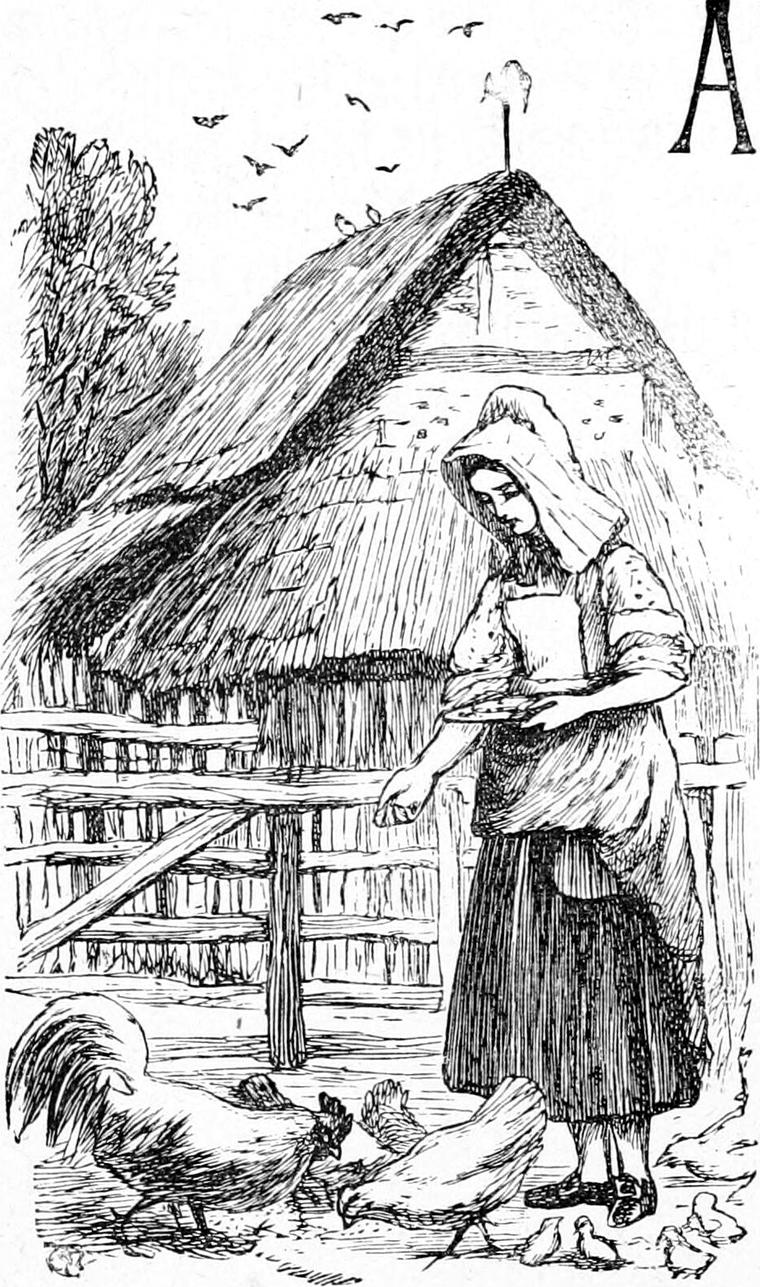 A girl stands at the gate of a thatched cottage, with hens at her feet.