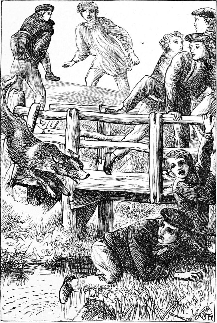 Boys scramble over a wooden fence, while a dog runs among them.