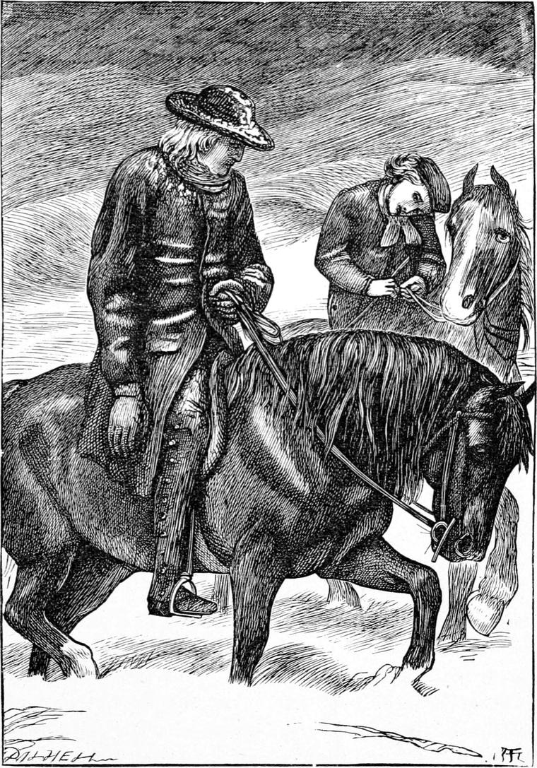 Ranald and his father on horseback, riding out through the snow.