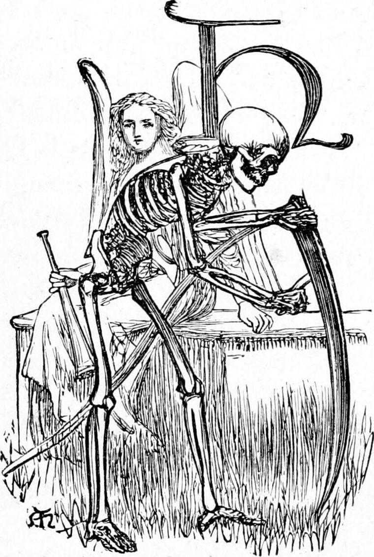 A skeleton sitting at a spinning wheel.