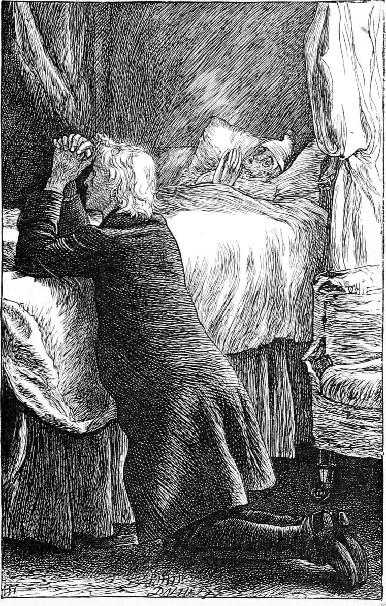 An old man lies dying in a curtained bed, with a figure bent over him.