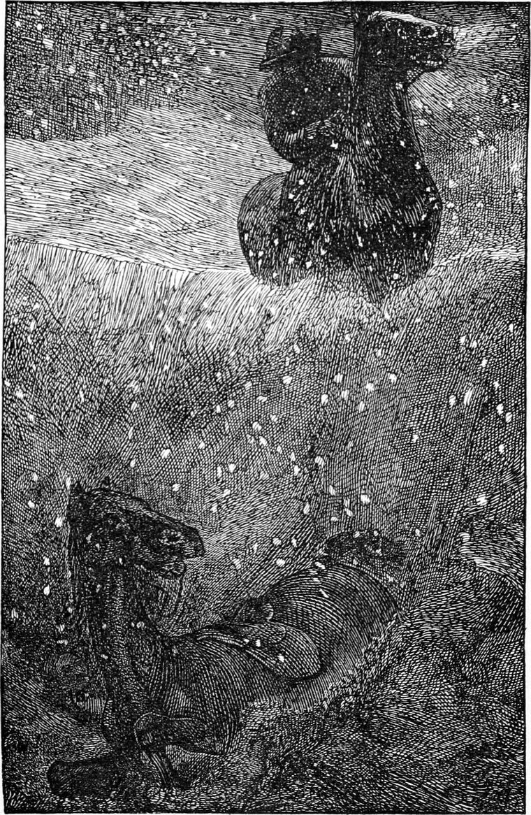 Snow falls thickly at night; a rider on horseback looms above, and below a horse struggles in the drifts beside a fallen figure.