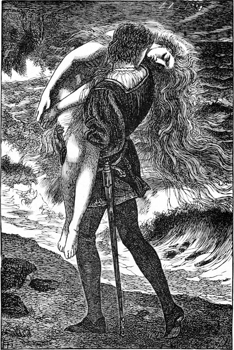 The king's son strides along the stormy shore, carrying a sea-maiden over his shoulder.