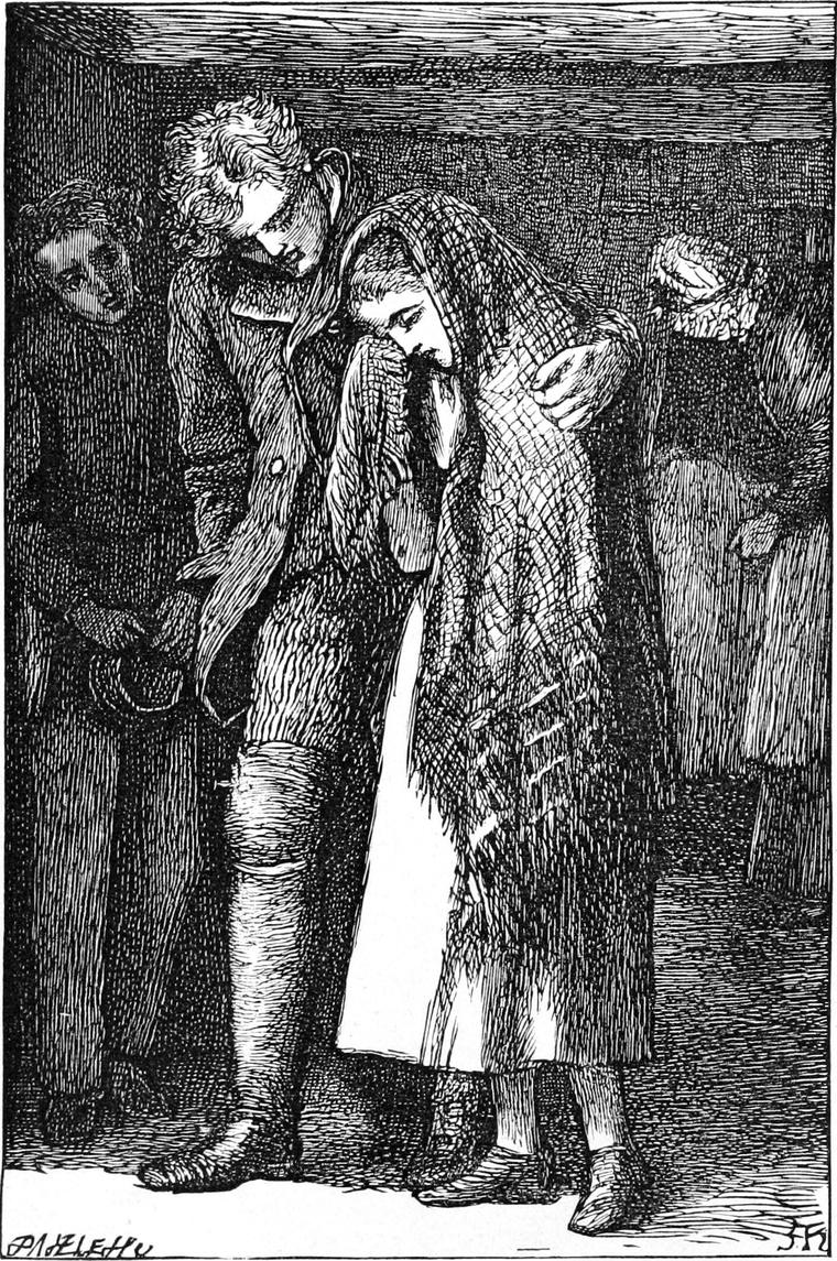 A girl in a shawl stands with her head bowed between two men in a dark doorway.
