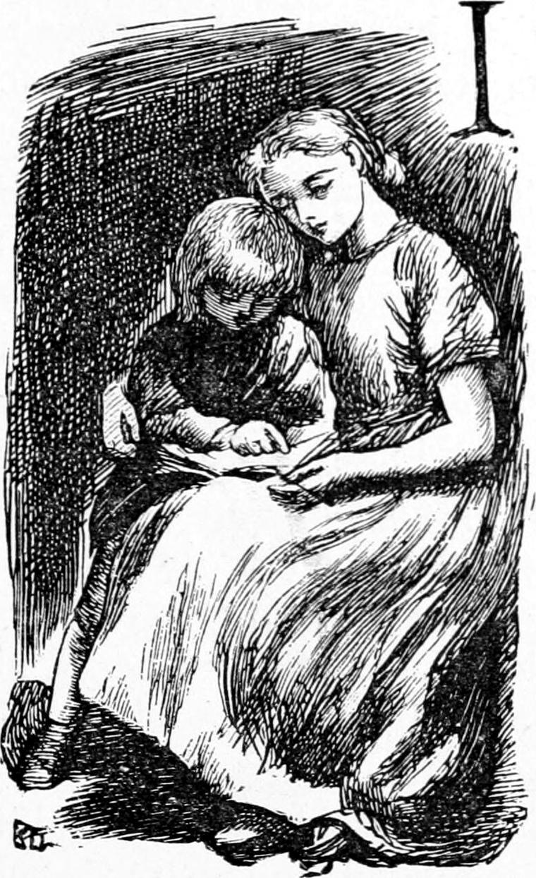 A young woman sits with a small boy leaning against her, showing him something in the book on her lap.