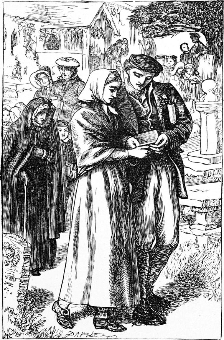 People coming out of church through the churchyard, a young woman in a hooded cloak beside a young man in front.