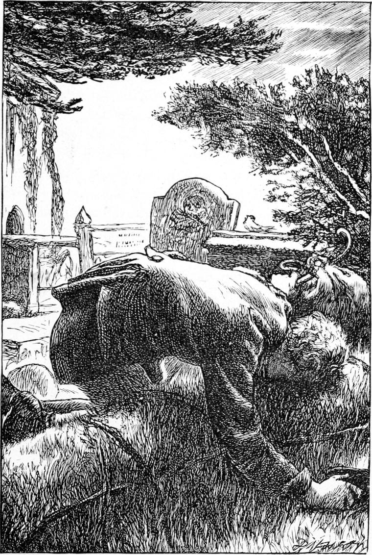 A figure lies face down across a grave in a churchyard, under windswept trees.