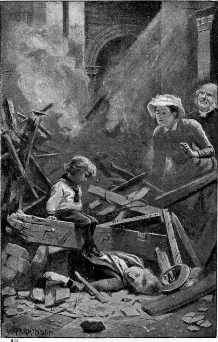 Among the ruins left by the earthquake, Mrs. Porson finds little Clare sitting beside his mother, who lies dead in the rubble.