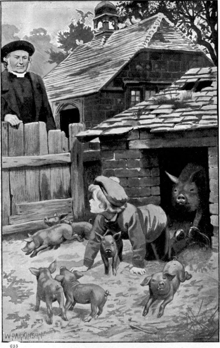 Clare sits in a farmyard among a crowd of pigs and piglets while a man looks on over the fence.