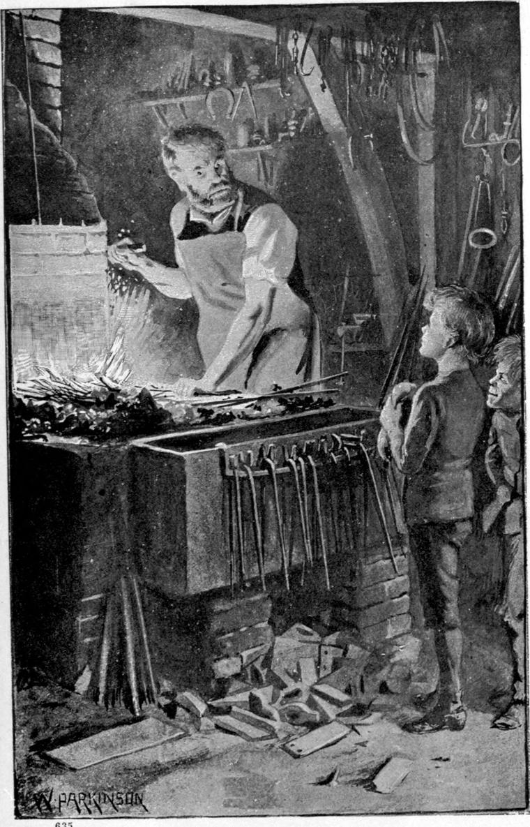The blacksmith looks up from his forge at Clare and Tommy standing at the edge of the smithy.